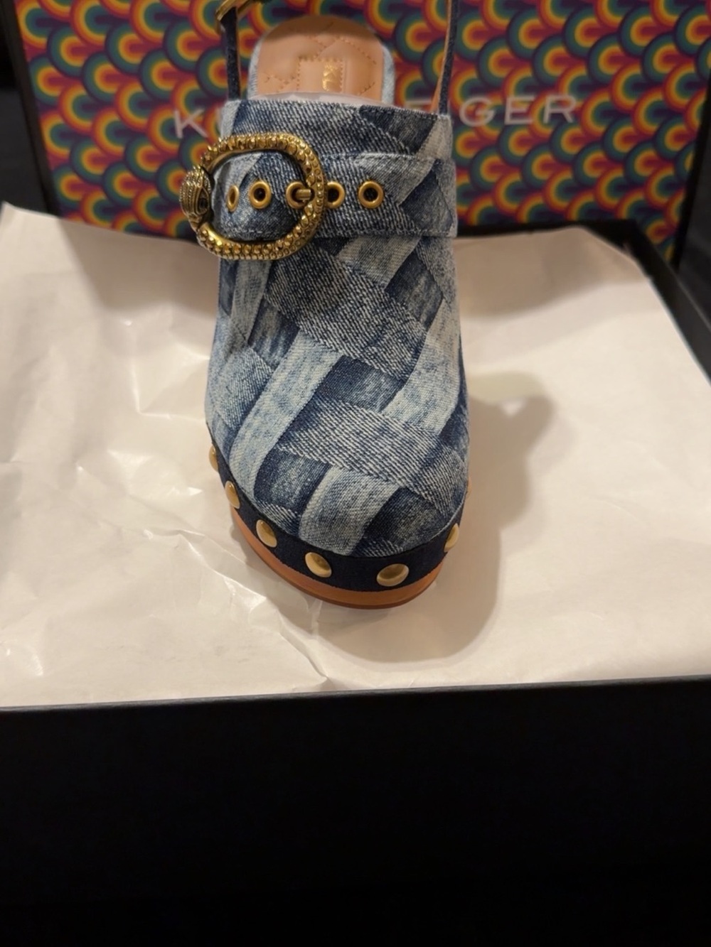 Kurt Geiger Denim Studded Wooden Clogs with Gold Accents and Matching Purse - Picture 4 of 7